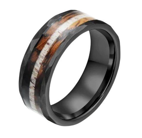 Black Hammered Tungsten Charred Whiskey Barrel Men's Wedding Band