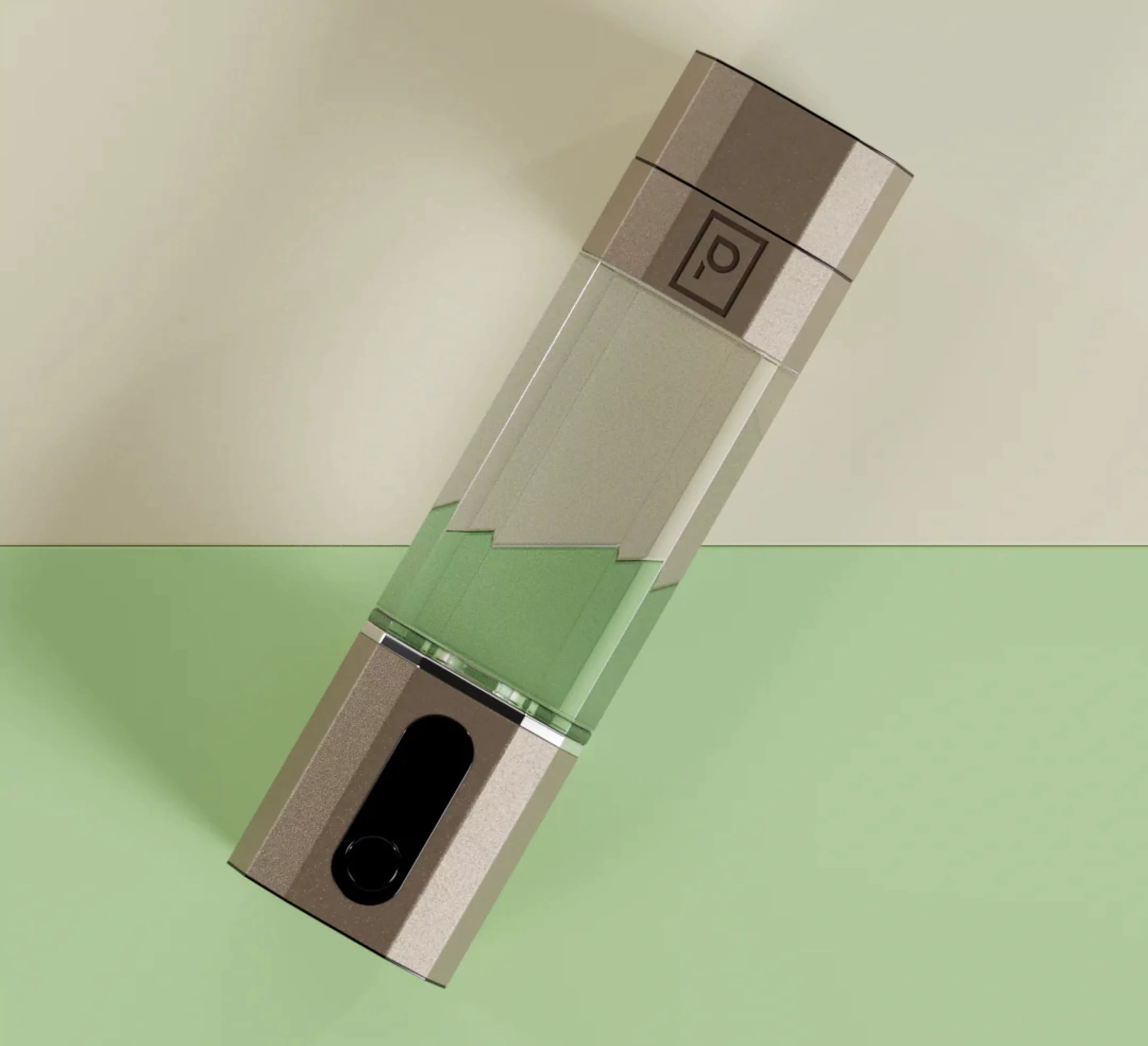 A sleek, modern thermos with a transparent section and green liquid inside.