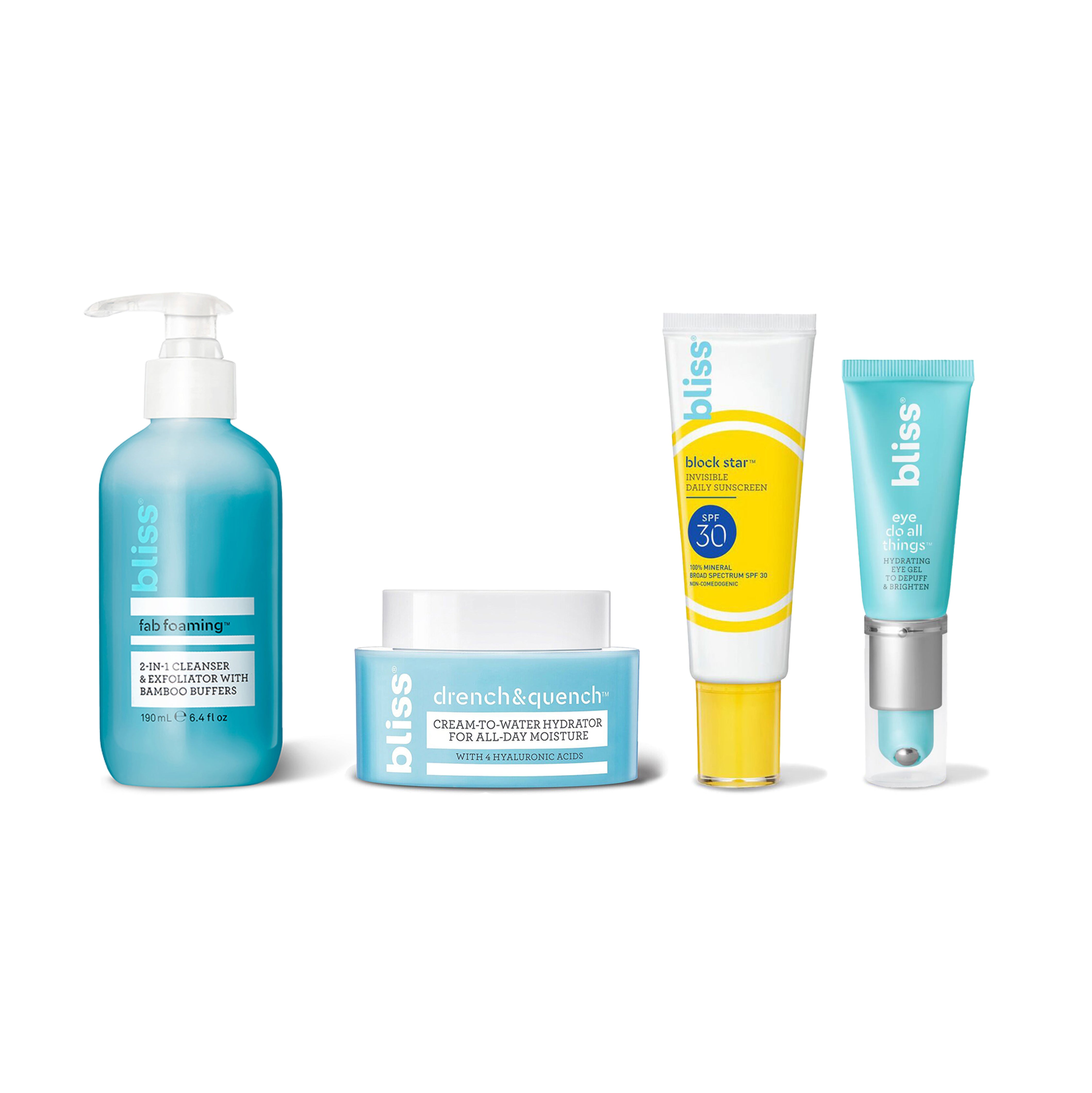 Four Bliss skincare products: cleanser, moisturizer, sunscreen, and eye cream arranged in a line.