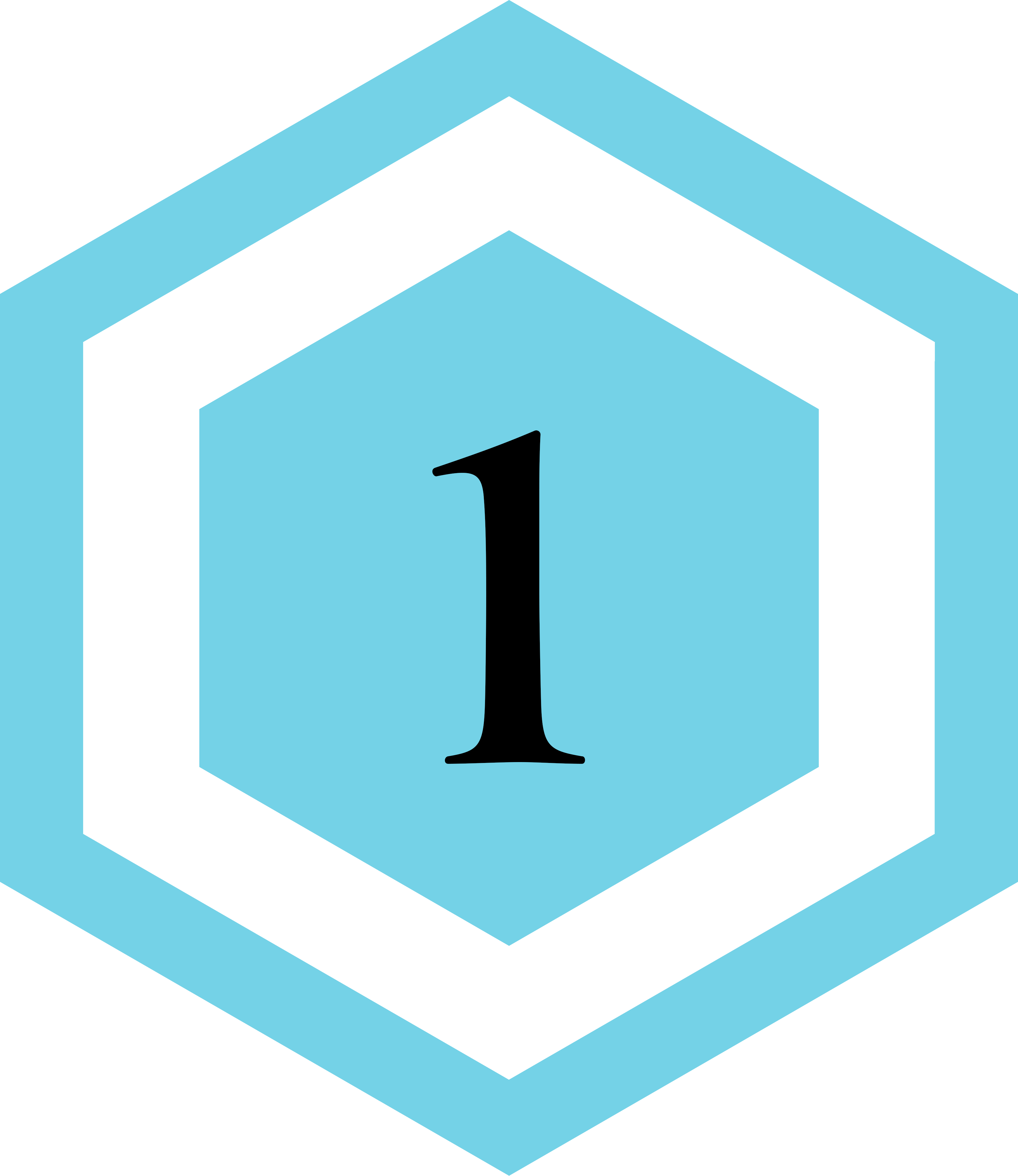 Hexagonal blue badge with the number one in black at the center.