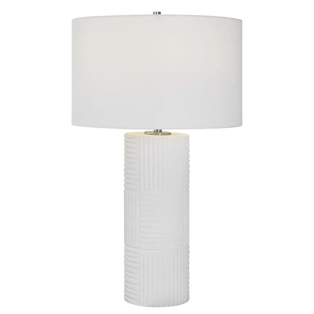 1 Light Contemporary Ceramic Table Lamp with White Textured Pillar Base and White Linen Hardback Drum Shade-3 Way Switch Bailey Street Home