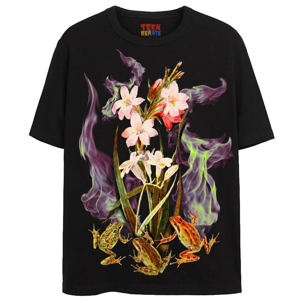 FROG FLOWER FLAME T-Shirts DTG Small Black 