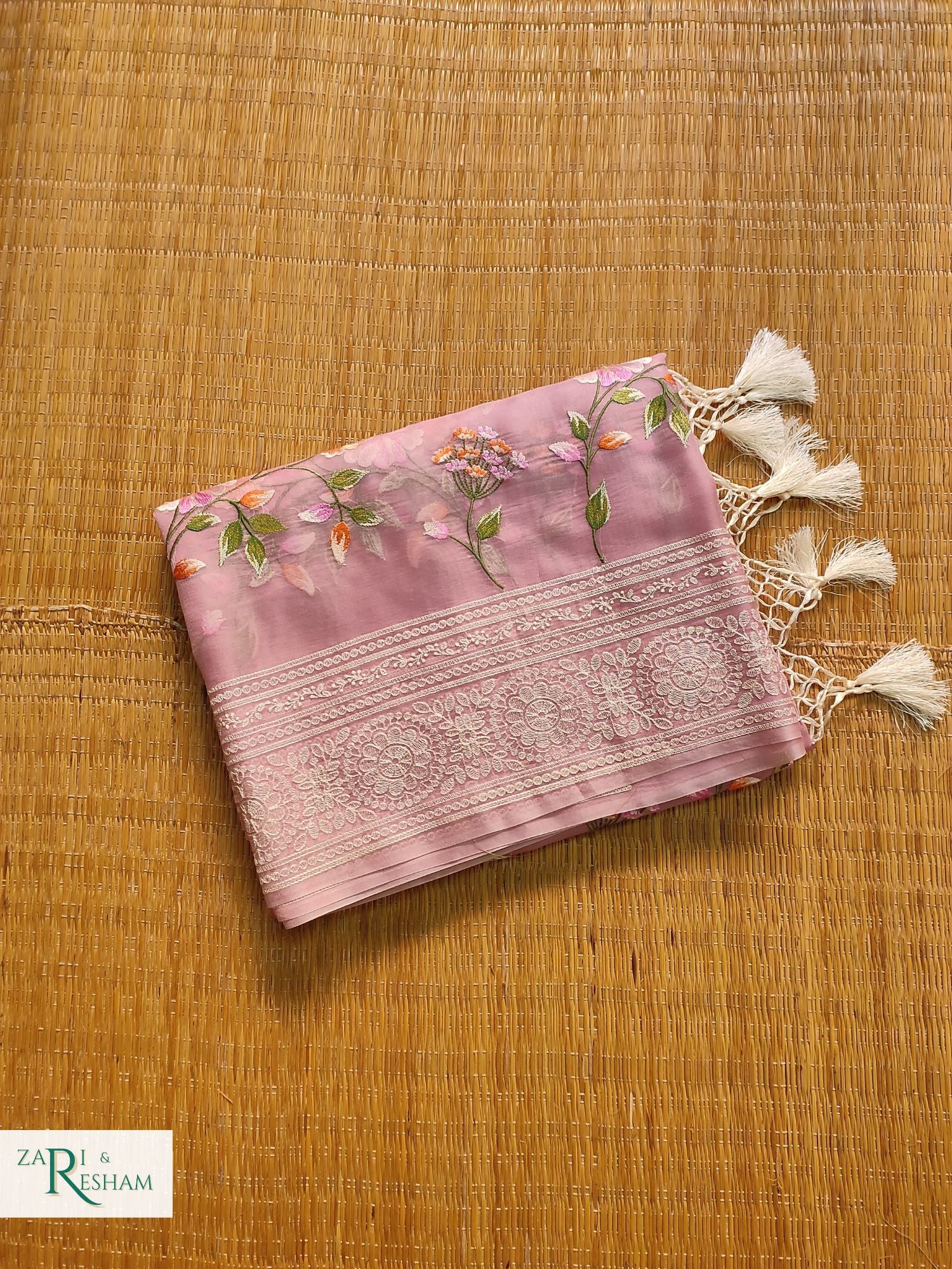 Lilac Pure Organza Silk Hand Embroidered Saree –