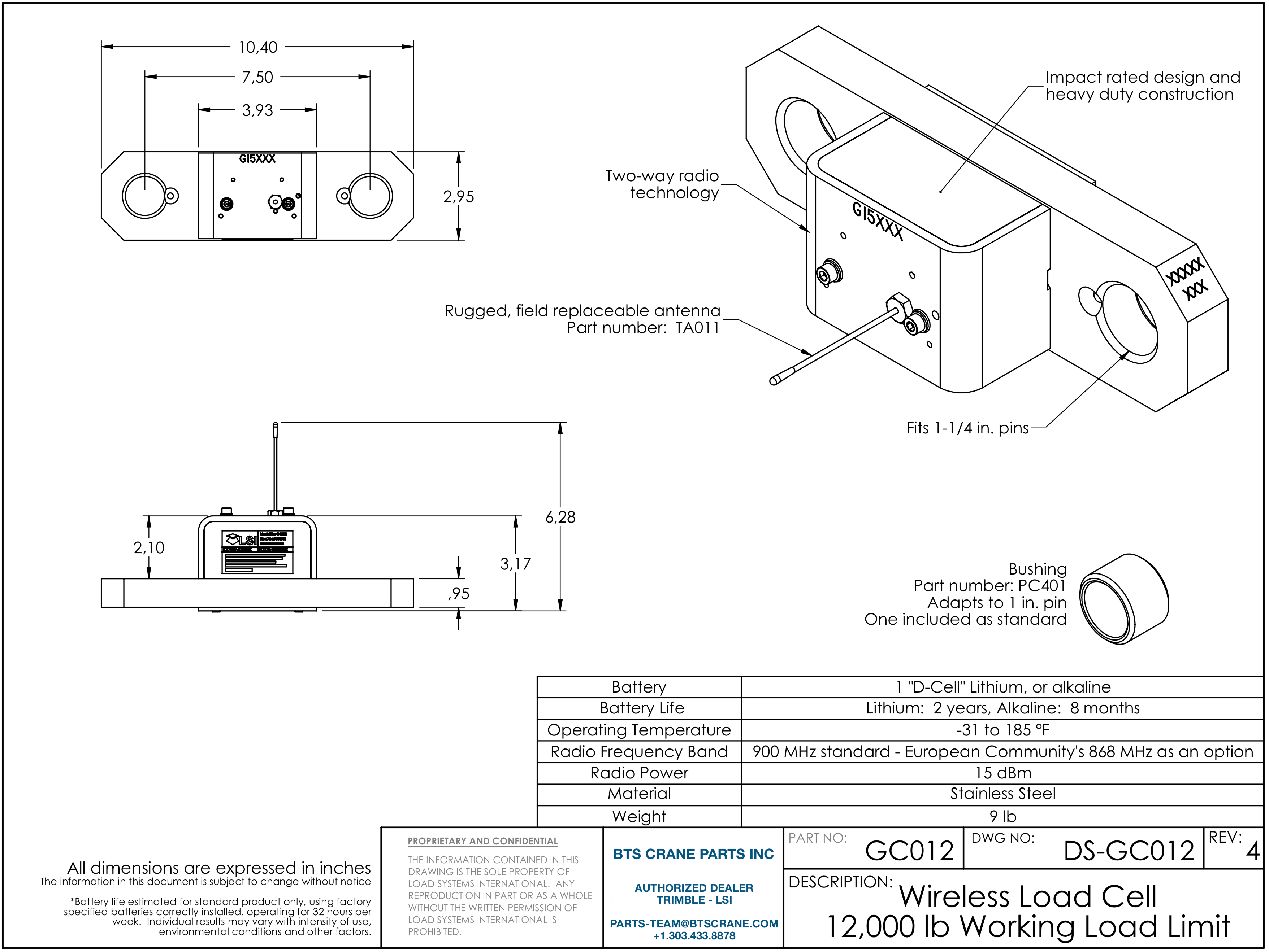 Trimble LSI GC 012 Load Cell Size Specifications