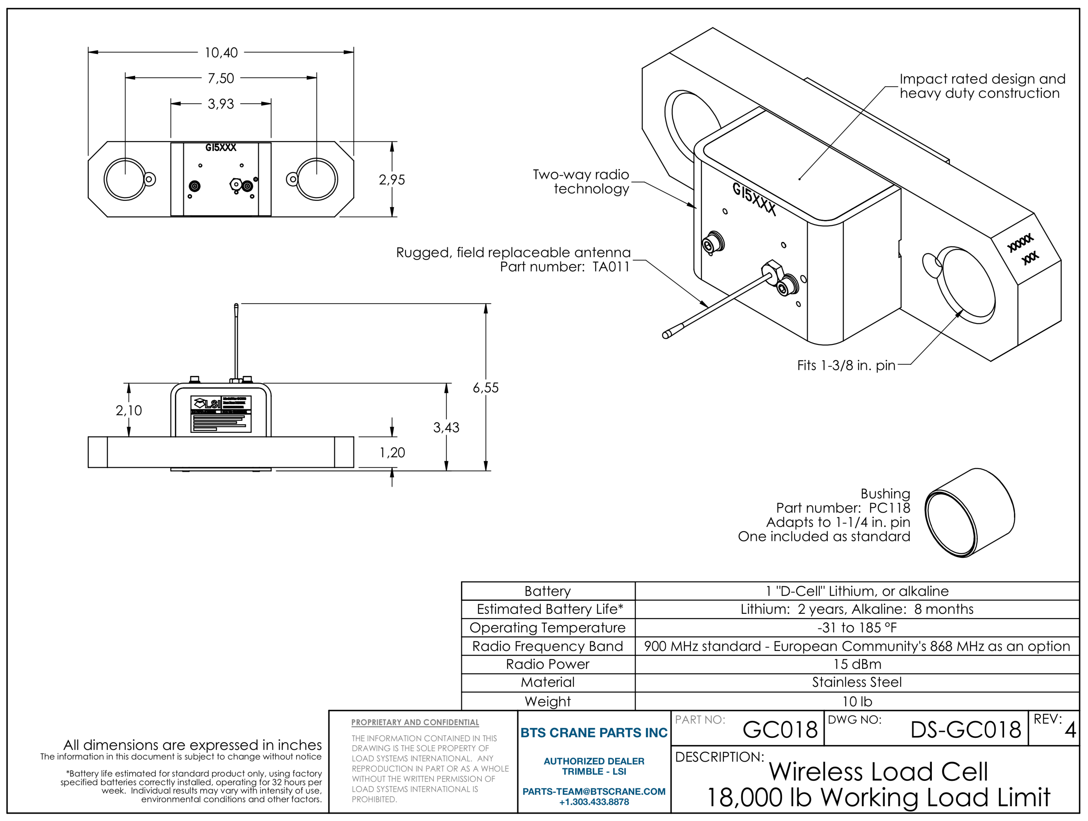 Trimble LSI GC 018 Load Cell Size Specifications