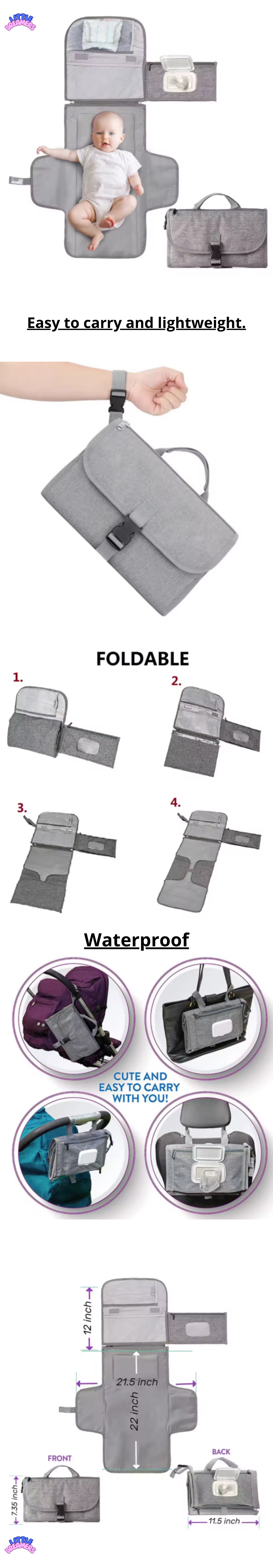 Grey waterproof portable diaper changing pad for babies, foldable travel changing mat with wipes pocket, newborn essential for moms on the go, baby shower gift.