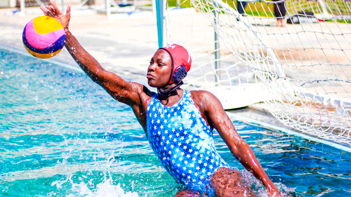 Woman wearing JOLYN water polo suit