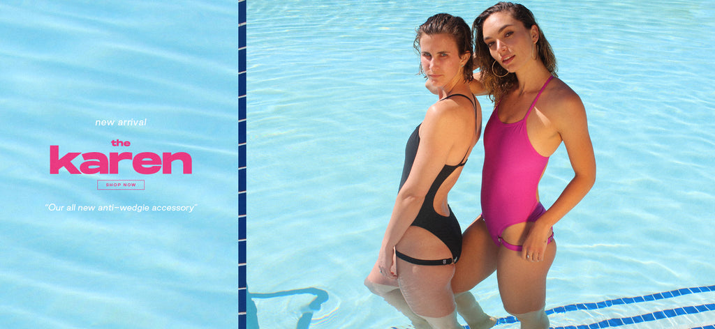 Two women wearing the Karen swimsuit accessory