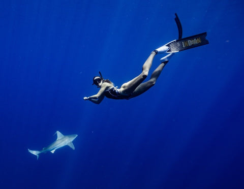 a woman in a  JOLYN one piece swimsuit underwater with a shark