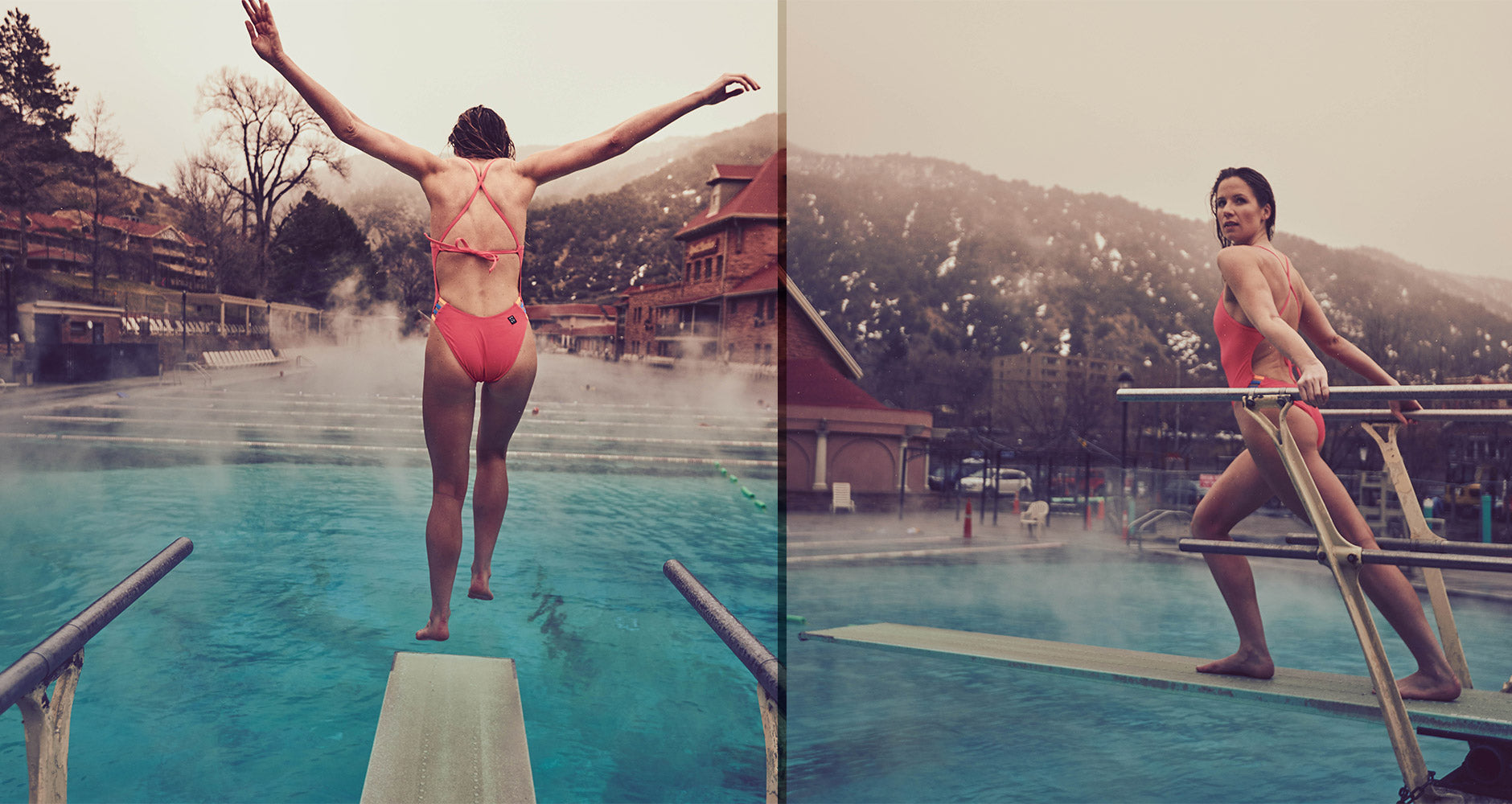 a woman in a one piece JOLYN bathing suit, diving board