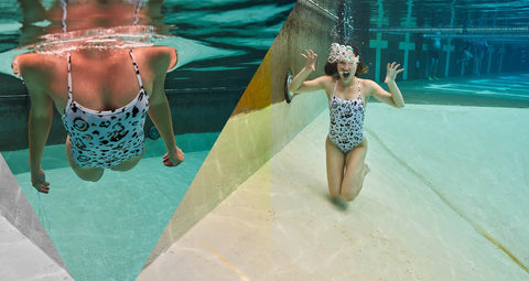 a woman in a  red JOLYN one piece swimsuit