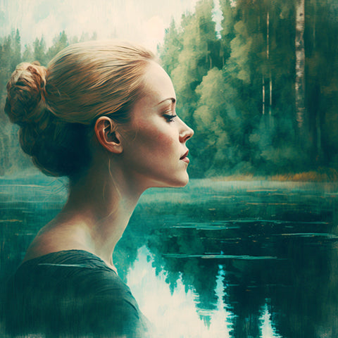 illustration of calm woman by lake