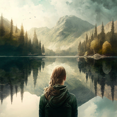 illustration of woman gazing at a mountain and lake