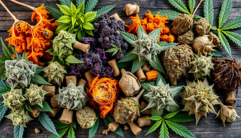 A vivid arrangement of various CBD hemp flower strains displayed on a rustic wooden table, showcasing the diversity in colors and textures—lush greens, deep purples, vibrant oranges, and earthy browns. Each strain features distinct characteristics such as frosty trichomes, unique leaf shapes, and rich pistils under soft natural lighting, surrounded by delicate botanical elements like leaves and buds for a harmonious composition.