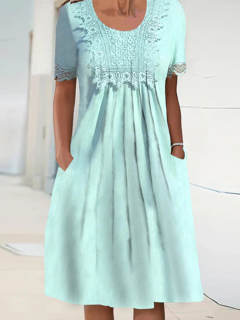 Women's Short Sleeve Scoop Neck Lace Midi Dress – dressista