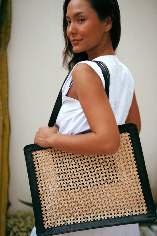 Brianna Large Woven Rattan and Leather Tote Large size in Tan