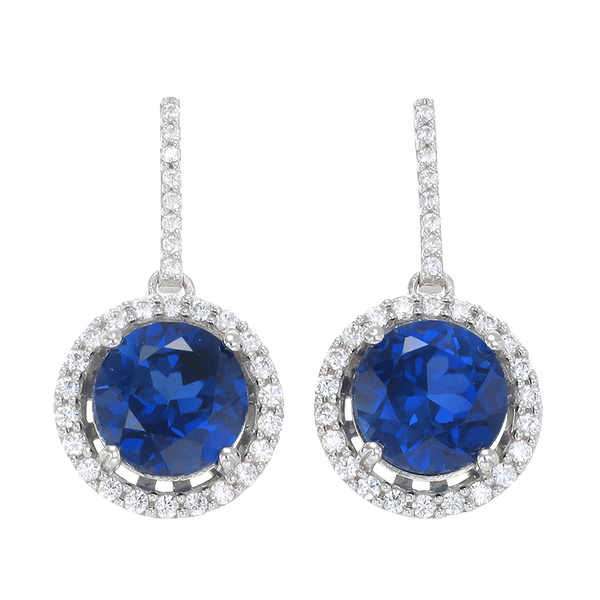 Classic Round Blue Sapphire Drop Earrings with Halo – Karina Ariana