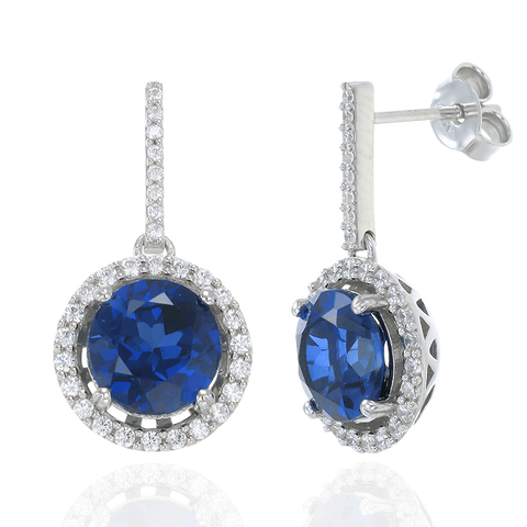 Classic Round Blue Sapphire Drop Earrings with Halo – Karina Ariana