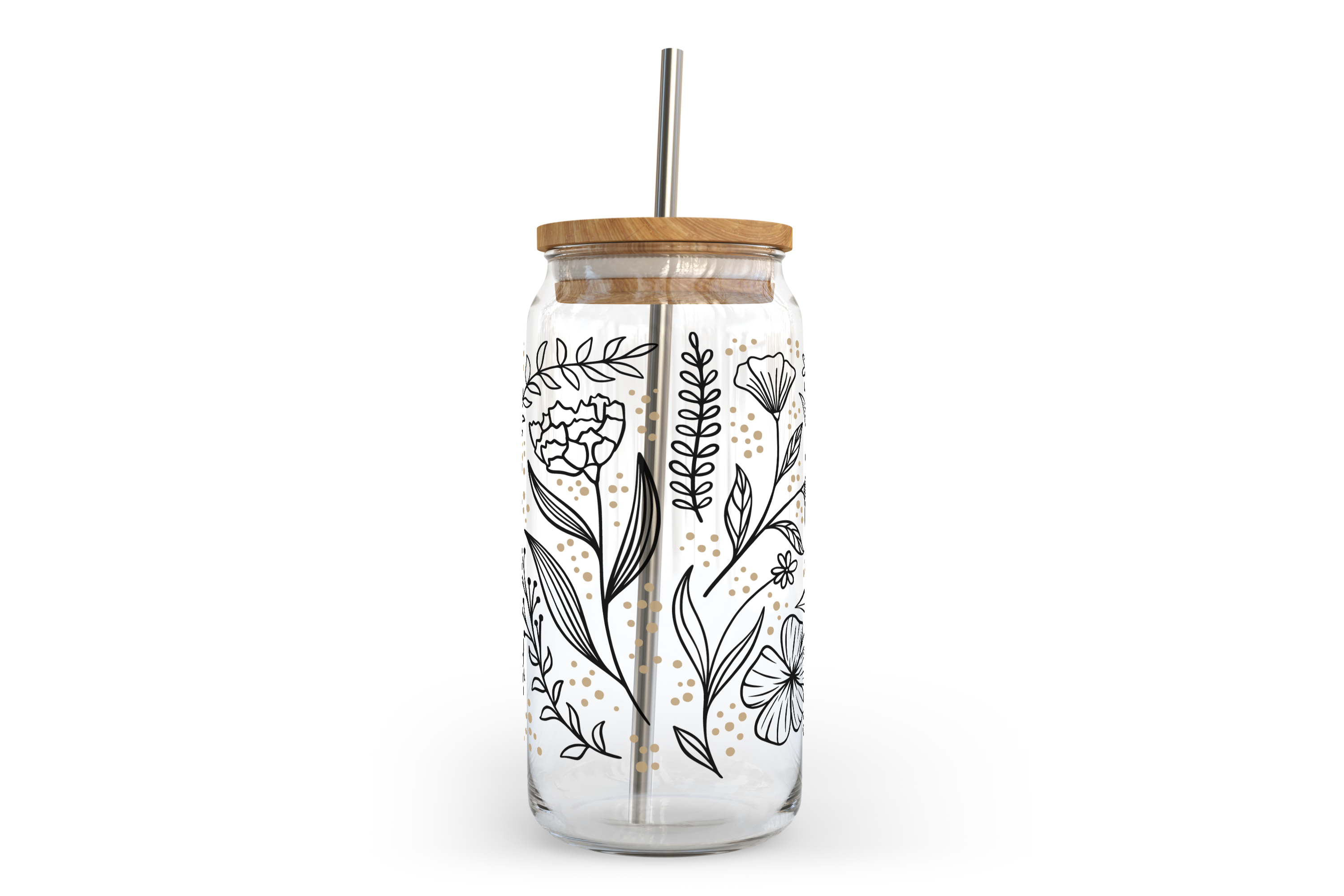 image for Floral Line Art Glass Can with Bamboo Lid