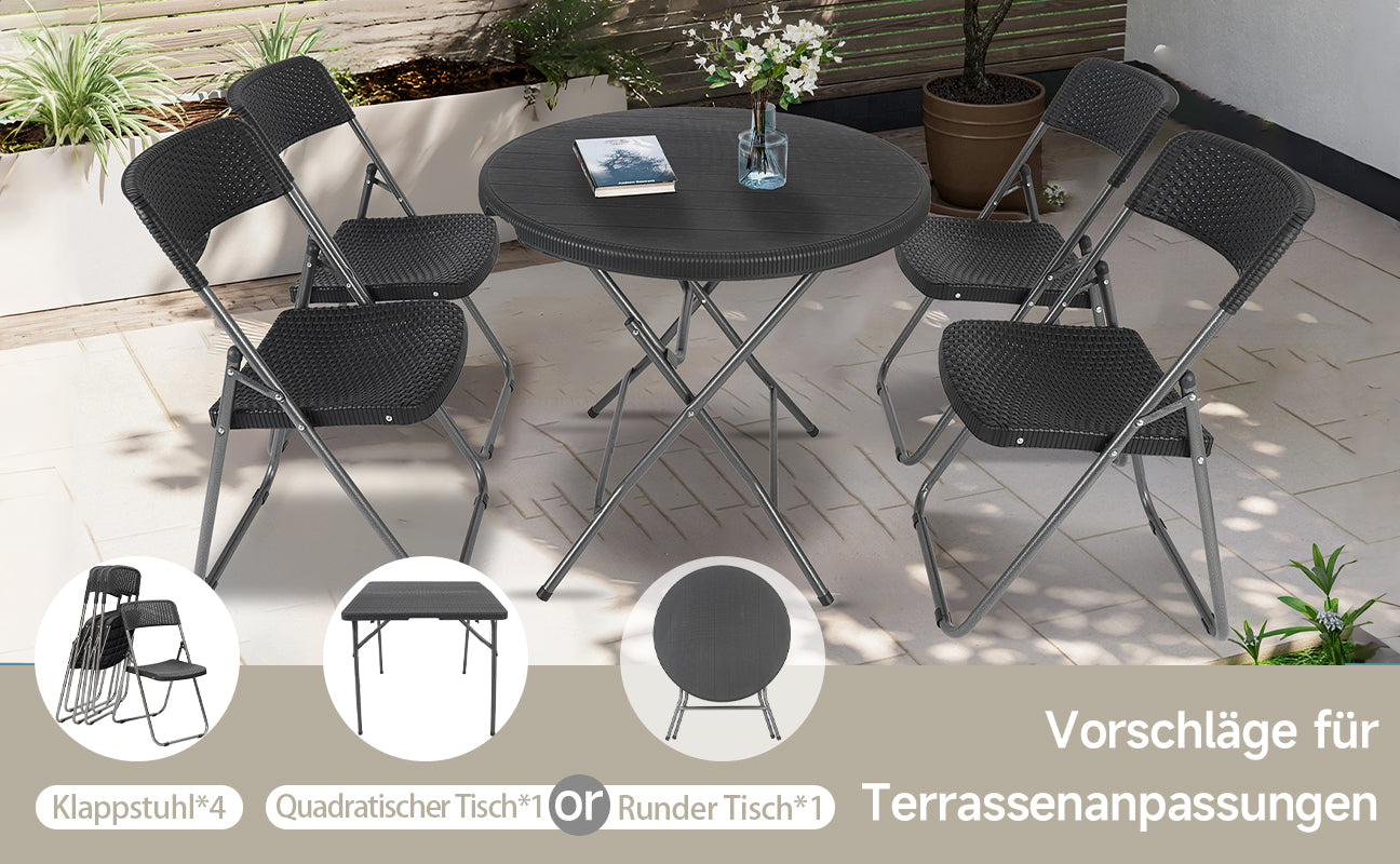 Sekey 5-teiliges Gartenmöbel-Set mit 4 klappbaren Stühlen und einem Tisch aus schwarzem PE-Rattan, leicht zu verstauen und ideal für Balkon, Terrasse und Garten.
