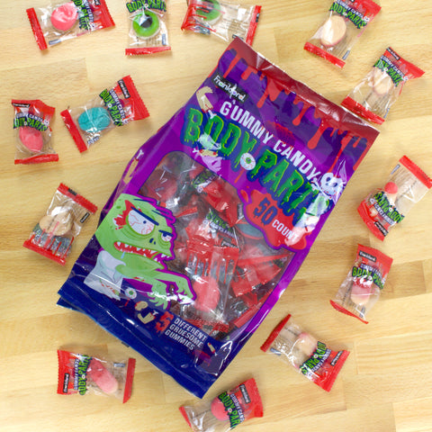 Gummy Body Parts Bag surrounded by individually wrapped gummies