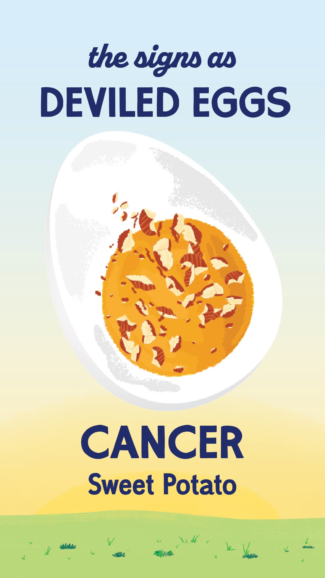 Illustration of zodiac sign Cancer as a sweet potato deviled egg from recipe. | peteandgerrys.com