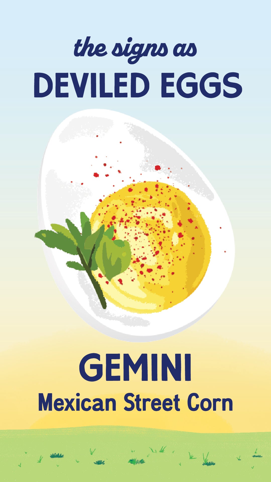 Illustration of zodiac sign Gemini as a Mexican Street Corn deviled egg from recipe. | peteandgerrys.com