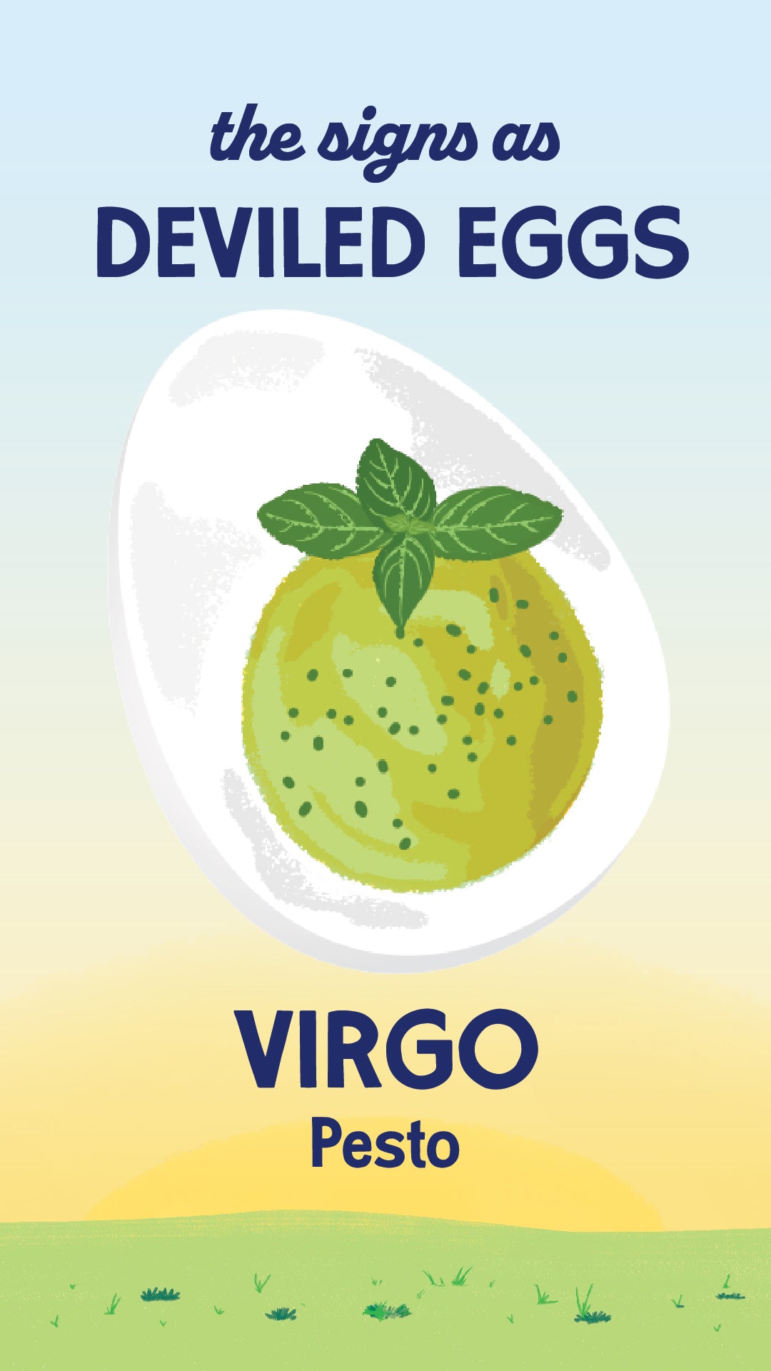 Illustration of zodiac sign Virgo as a pesto deviled egg from recipe. | peteandgerrys.com