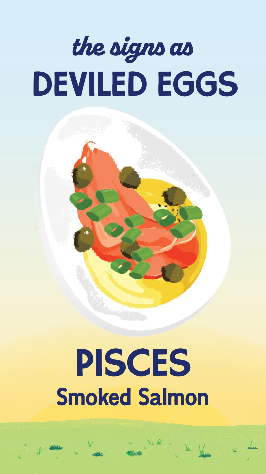 Illustration of zodiac sign Pisces as a smoked salmon deviled egg from recipe. | peteandgerrys.com