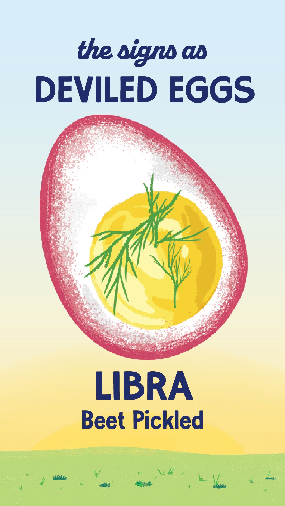 Illustration of zodiac sign Libra as a beet pickled deviled egg from recipe. | peteandgerrys.com
