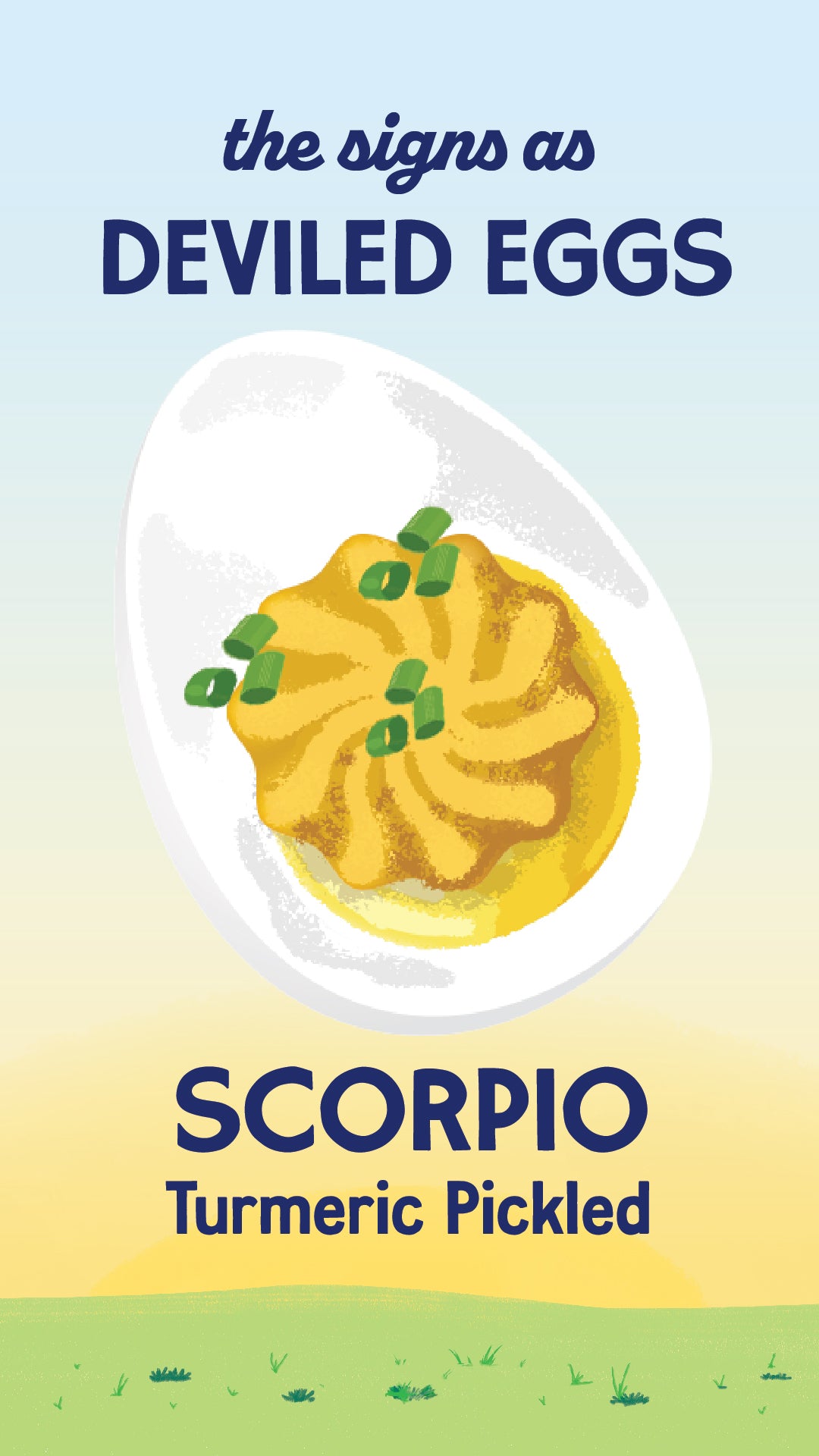 Illustration of zodiac sign Scorpio as a turmeric pickled deviled egg from recipe. | peteandgerrys.com