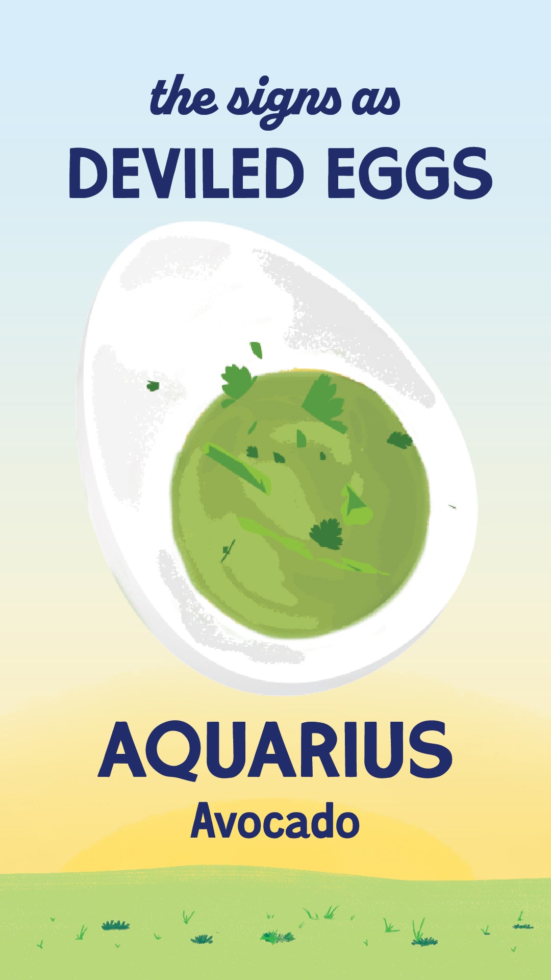 Illustration of zodiac sign Aquarius as an avocado deviled egg from recipe. | peteandgerrys.com