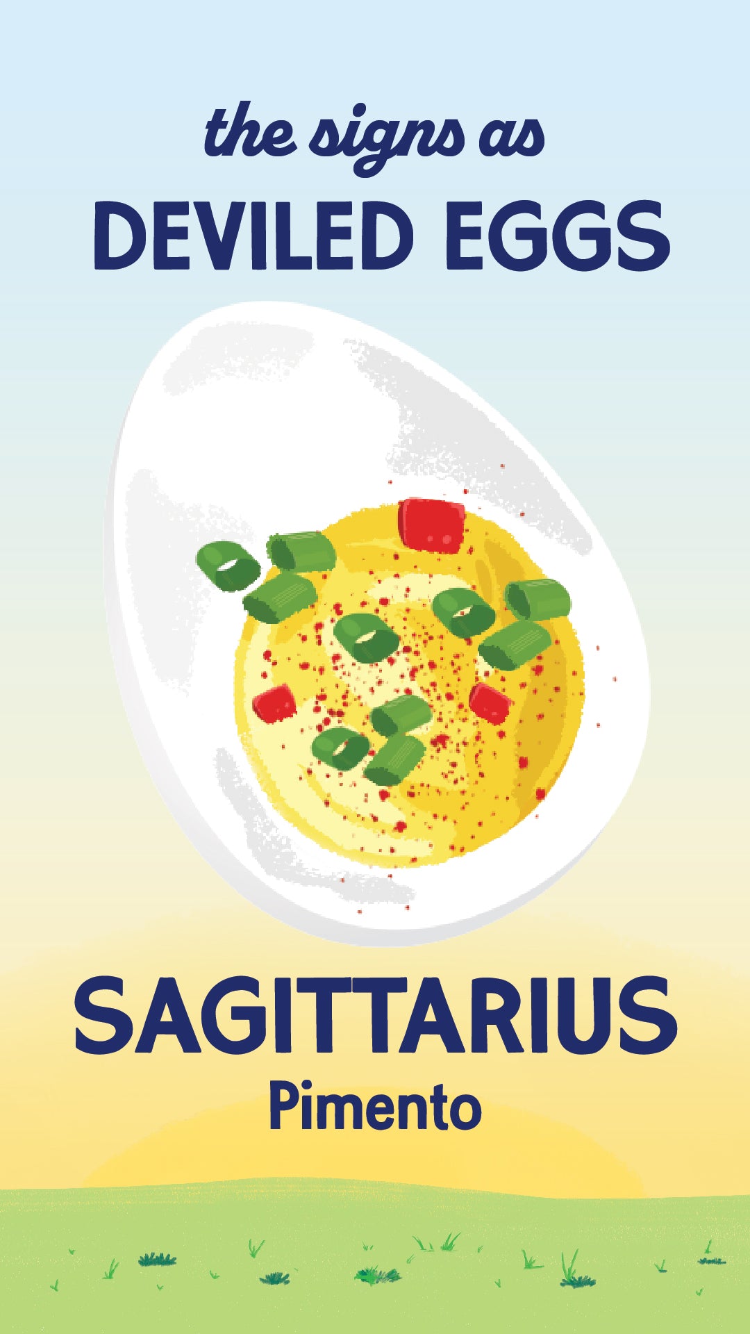 Illustration of zodiac sign Sagittarius as a pimento deviled egg from recipe. | peteandgerrys.com