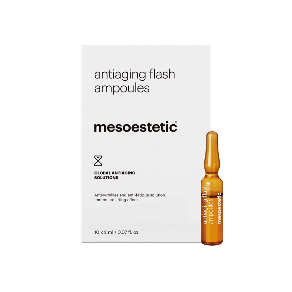 Se Mesoestetic Antiaging Flash Ampoules - Antiage ampuller med anti rynke og træthedseffekt - 10 x 2 ml. - Giver et ensartet og udhvilet udseende hos Mesoestetic