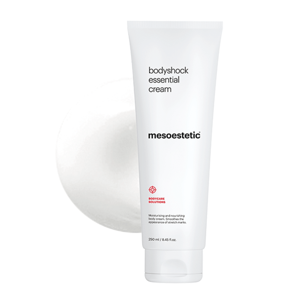 Se Mesoestetic Bodyshock Essential Cream - Fugtighedscreme til kroppen med opstrammende effekt - 250 ml. - Effektiv mod strækmærker og appelsinhud hos Mesoestetic