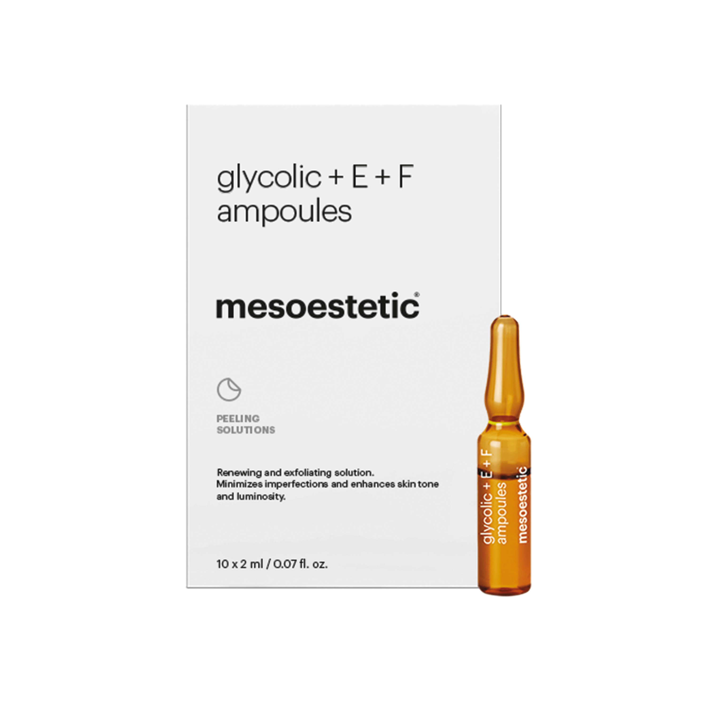 Billede af Mesoestetic Glycolic + E + F Ampoules - Antiage ampuller som øger hudtone - Effektiv mod behandling af tegn på aldring - 10 x 2 ml. - Bestil nu