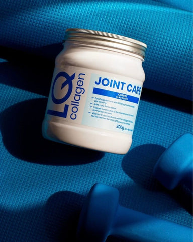 LQ Joint Care collagen powder with a blue background and blue dumbells