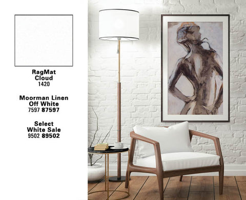 white color box next to an image of a white chair in front of a white lamp and framed painting with a white matte