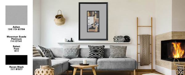gray color box next to image of living room with a gray couch under a framed picture with a gray matte
