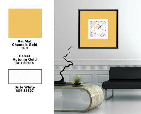 gold color box next to image of living room with gold matte in a black frame