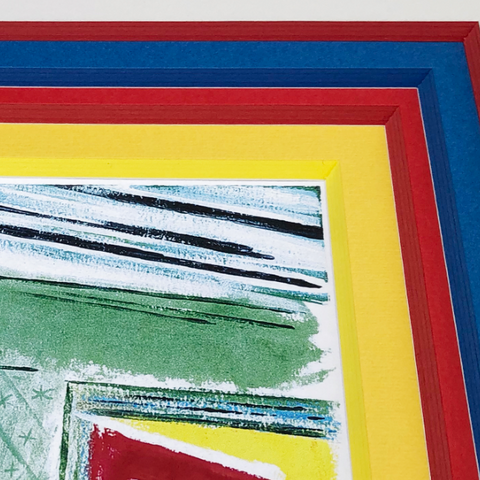 crayon drawing with bold yellow, red, and blue mattes framing it