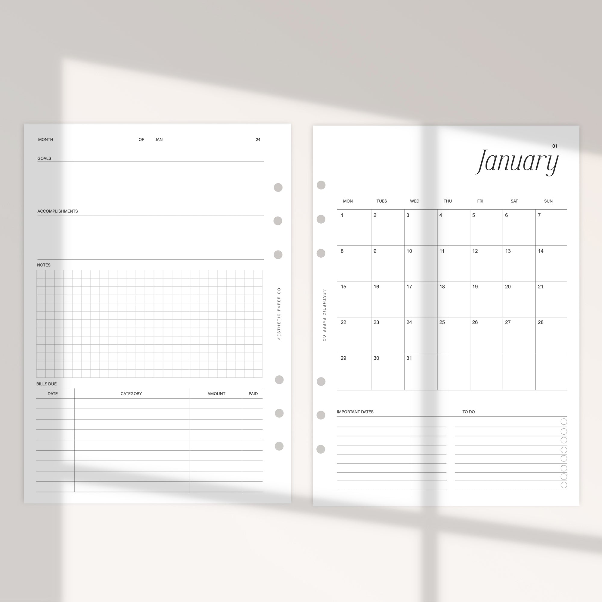 Personal 2024 Month On One Page Planner Inserts