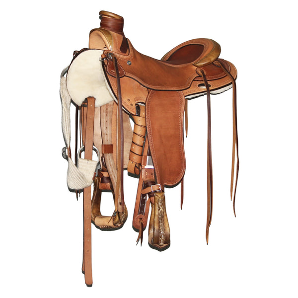 16” Wade Saddle With Horn, Rawhide Finishes, Cheyenne Roll, Tooling & Inlaid Seat