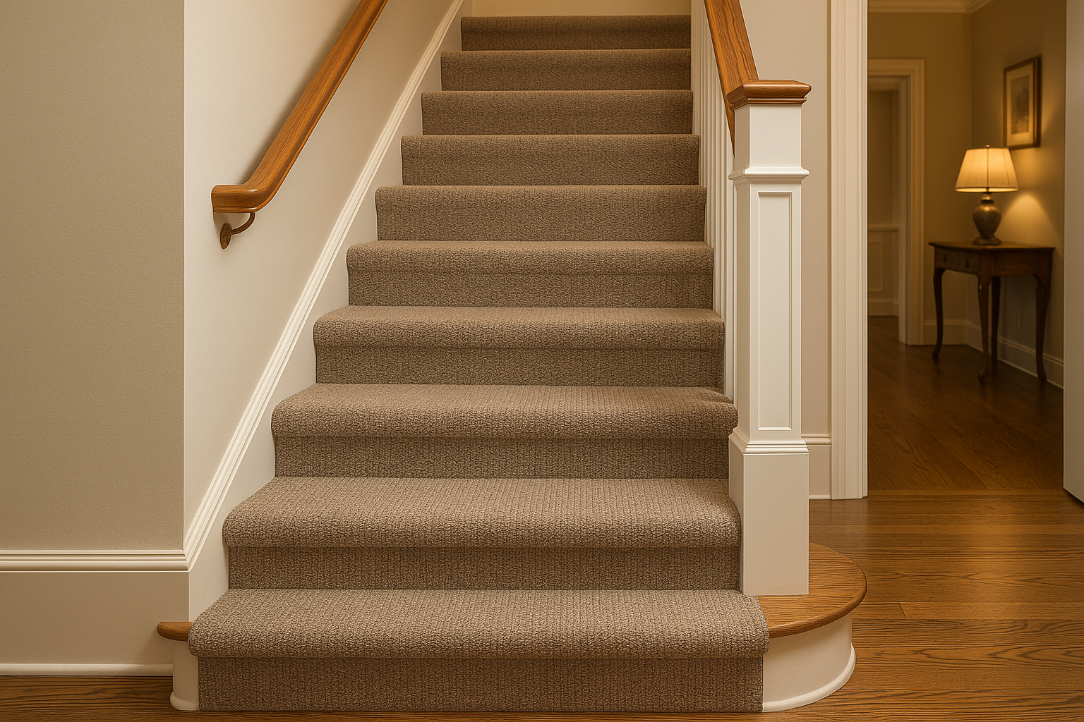 Professional carpet installation result - perfectly fitted stair carpet Beautifully carpeted staircase showing professional installation by Arra Flooring