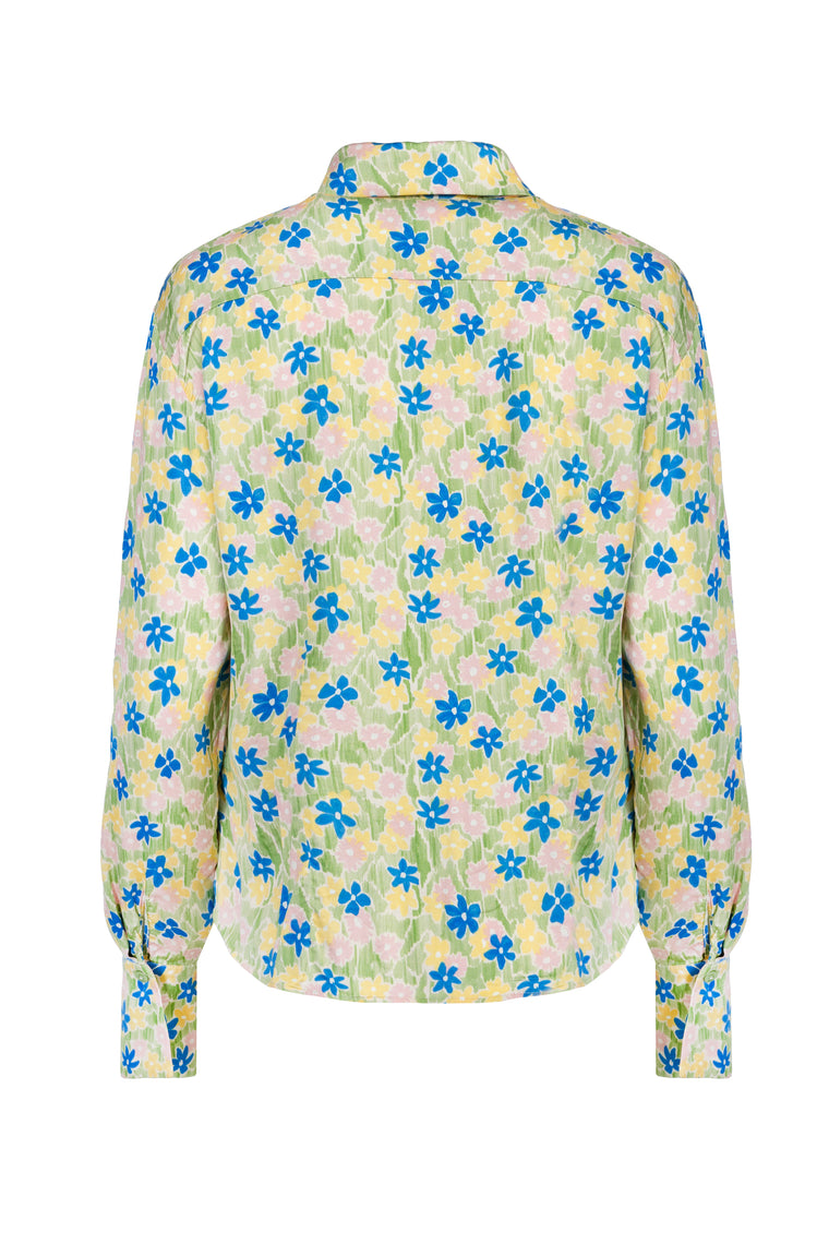 Green-and-blue viscose oversized shirt with a delicate meadow print – JAAF