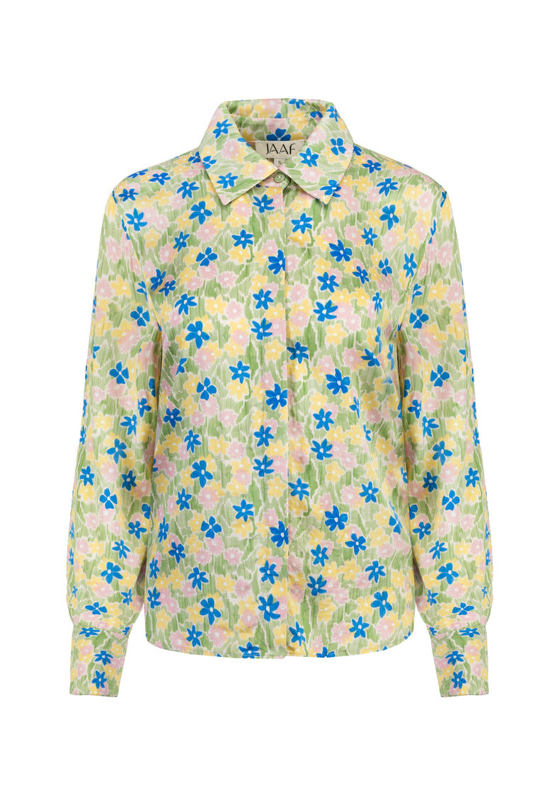 Green-and-blue viscose oversized shirt with a delicate meadow print – JAAF