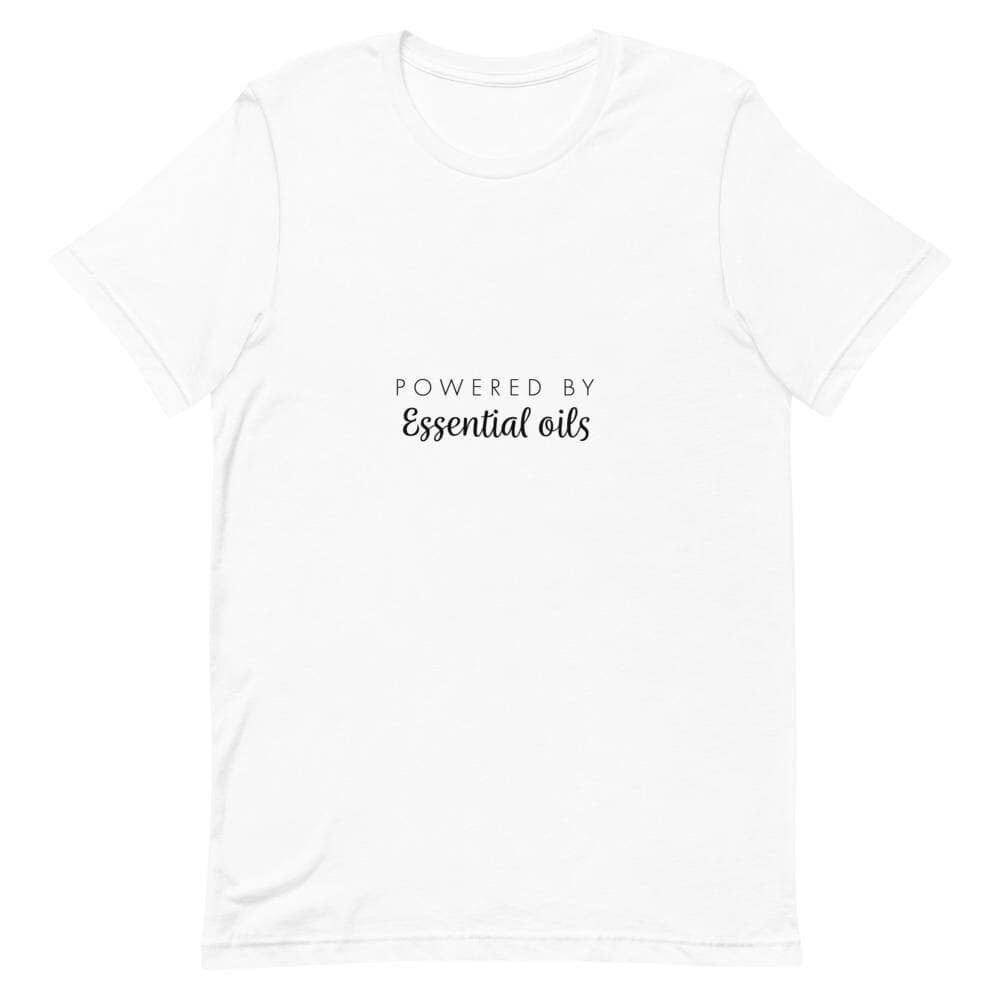 "Powered by Essential Oils" Short-Sleeve Unisex T-Shirt Apparel Your Oil Tools White XS 