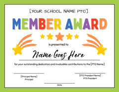 PTA PTO Member Award Certificate