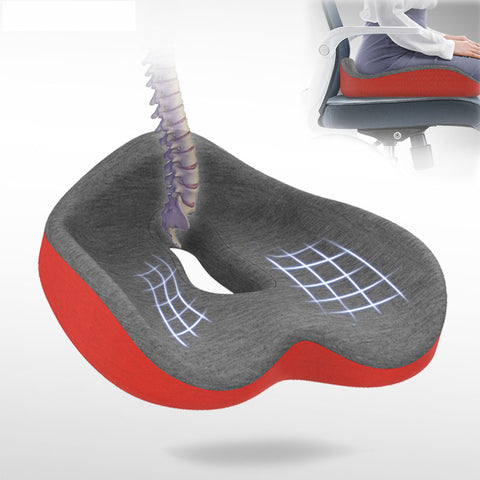 Memory foam ergonomic seat cushion, ComfyFlex Deluxe, in grey and red for posture support and comfortable office or car use.