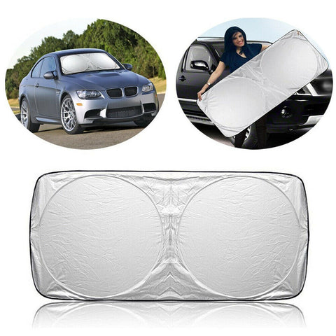 Universal Front Windshield Sun Shade Visor in reflective silver, offering UV protection and thermal defense for car interiors.